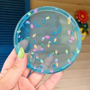 Ocean Resin Trinket Dish: Handmade Fish Decor, Aqua Blue Glitter Tray